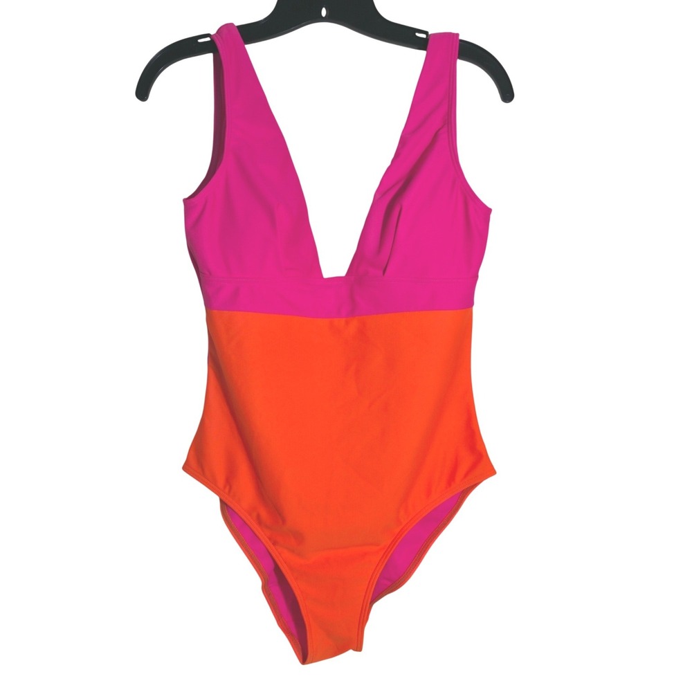Ted Baker One Piece Swimsuit Womens Pink Orange Colorblock V-Neck Good - Picture 3 of 8